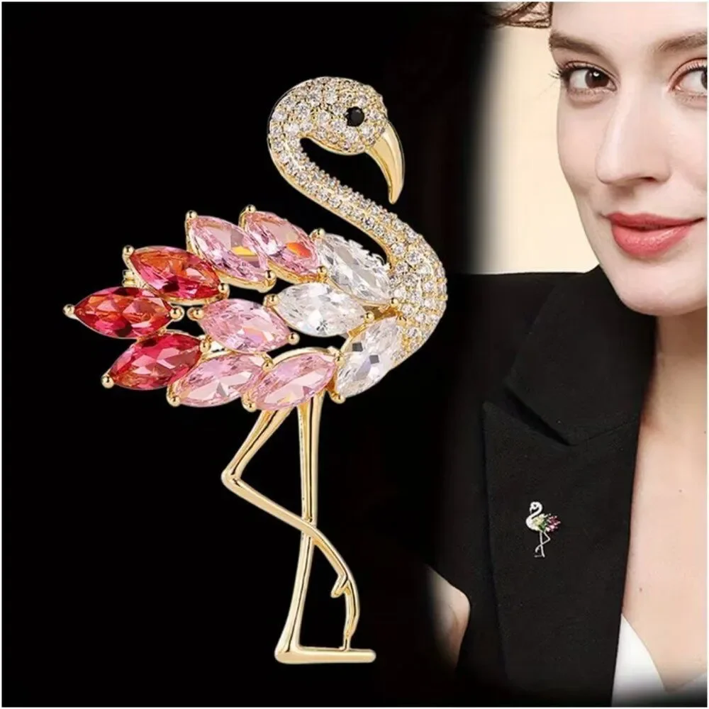 Flamingo Brooch Pin Pink & Clear Rhinestones & Crystals Delicate Animal Bird Pin